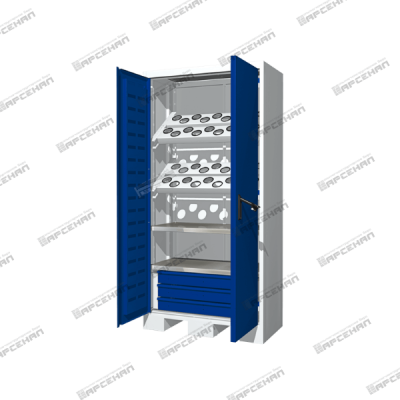 Шкаф с 3-мя ящиками, 2-мя полками и 4-мя несущими шинами для установки держателей инструмента с хвостовиком SK (2 уровня)